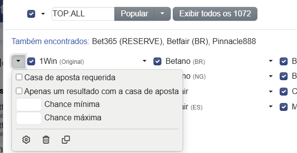 Menu suspenso de uma casa de aposta